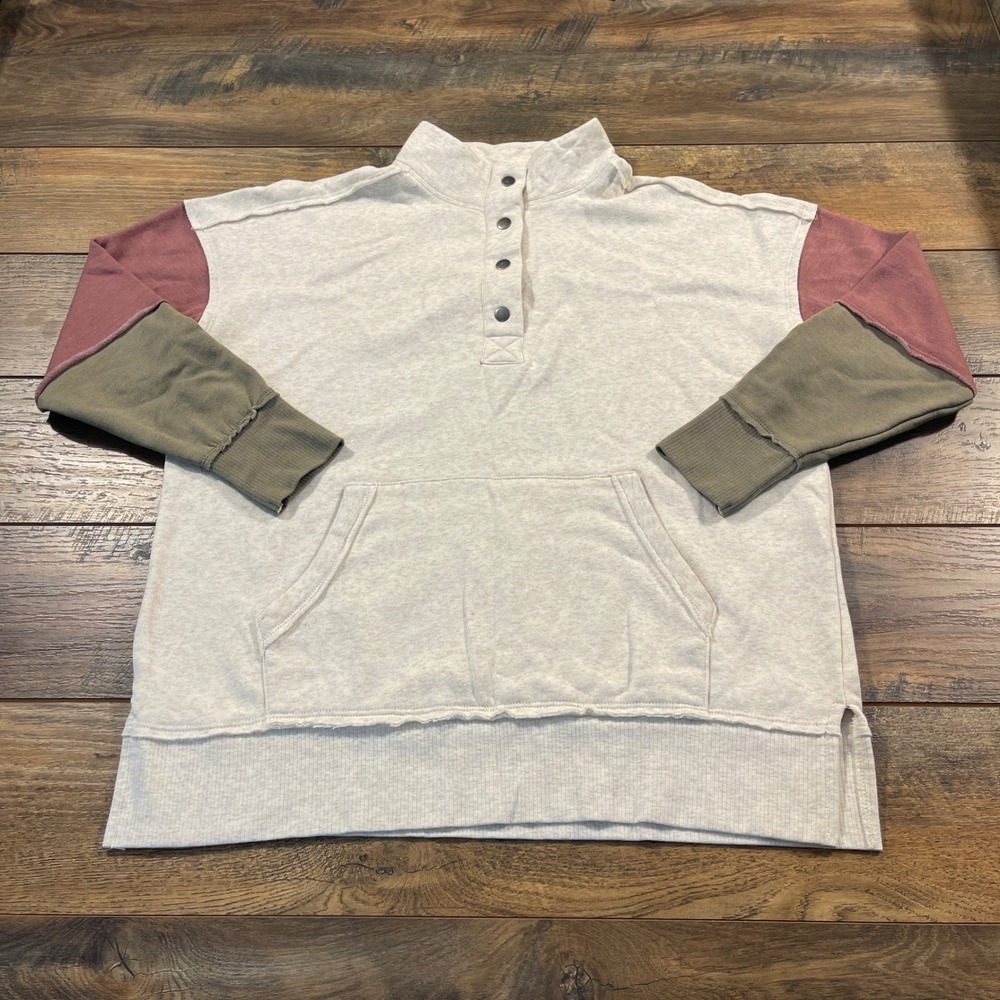 Maurices Cream Colorblock Henley Sweatshirt Large Oatmeal Green Pink Pocket Cozy